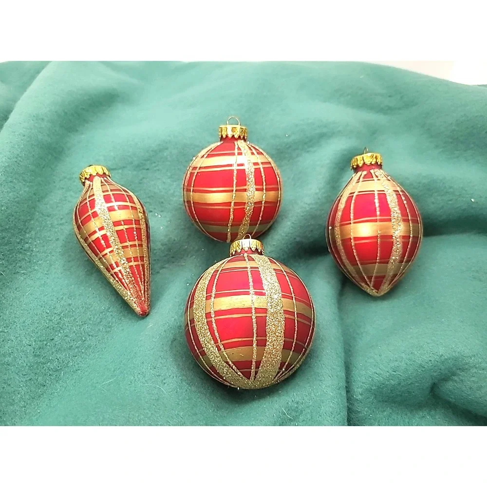 Four Red and Gold Hand‎ Painted Plaid Glass Christmas Ornaments